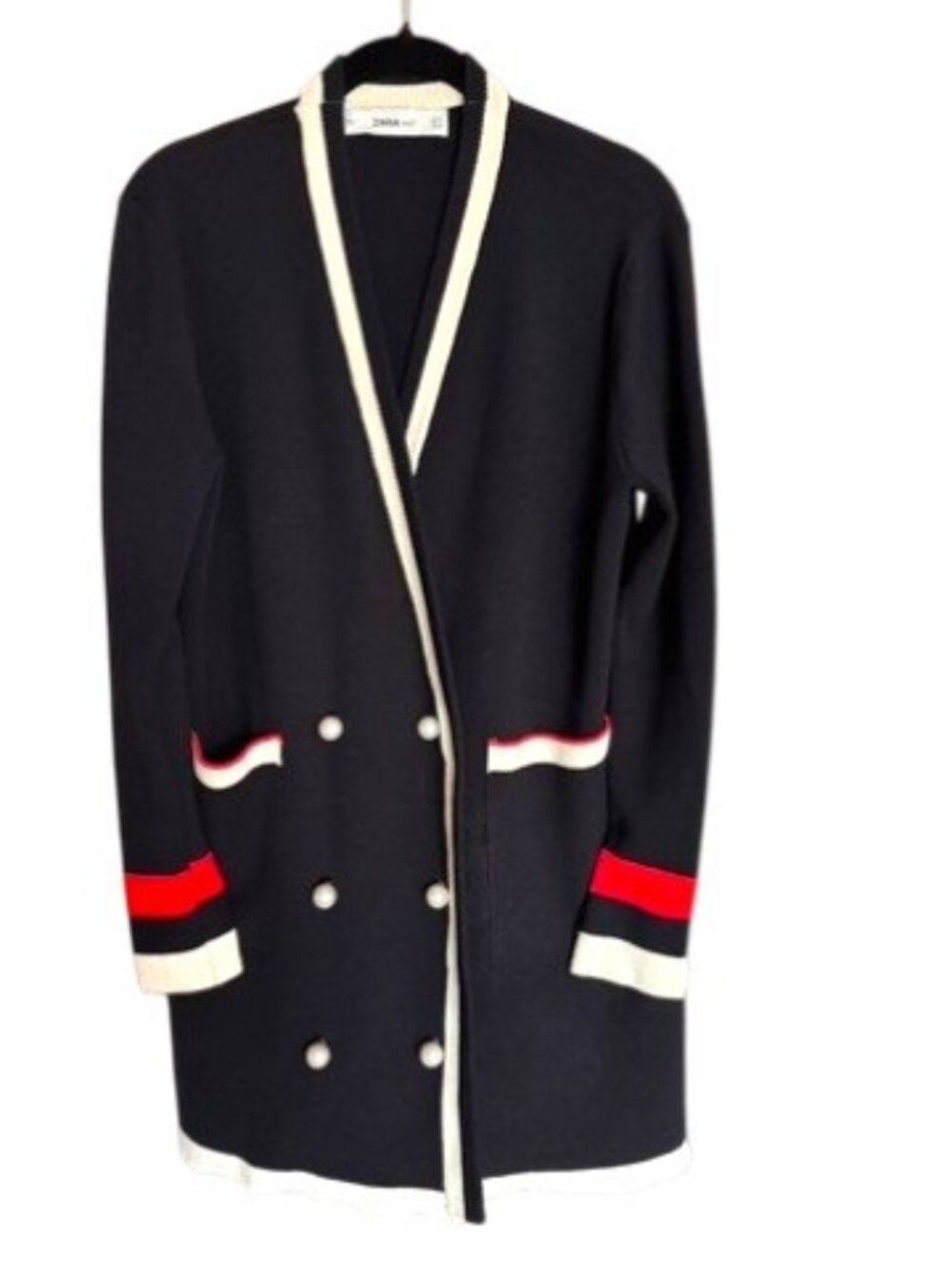 Zara Knit Black with Red White Trim Long Sleeve Cardigan Pearl Buttons Size S #5